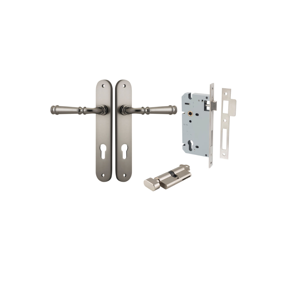 Door Lever Verona Oval Euro Satin Nickel CTC85mm H240xW40xP59mm Entrance Kit Mortice Lock Euro Satin Nickel CTC85mm Backset 60mm, Euro Cylinder Key Thumb 6 Pin Satin Nickel L70mm KA1 in Satin Nickel