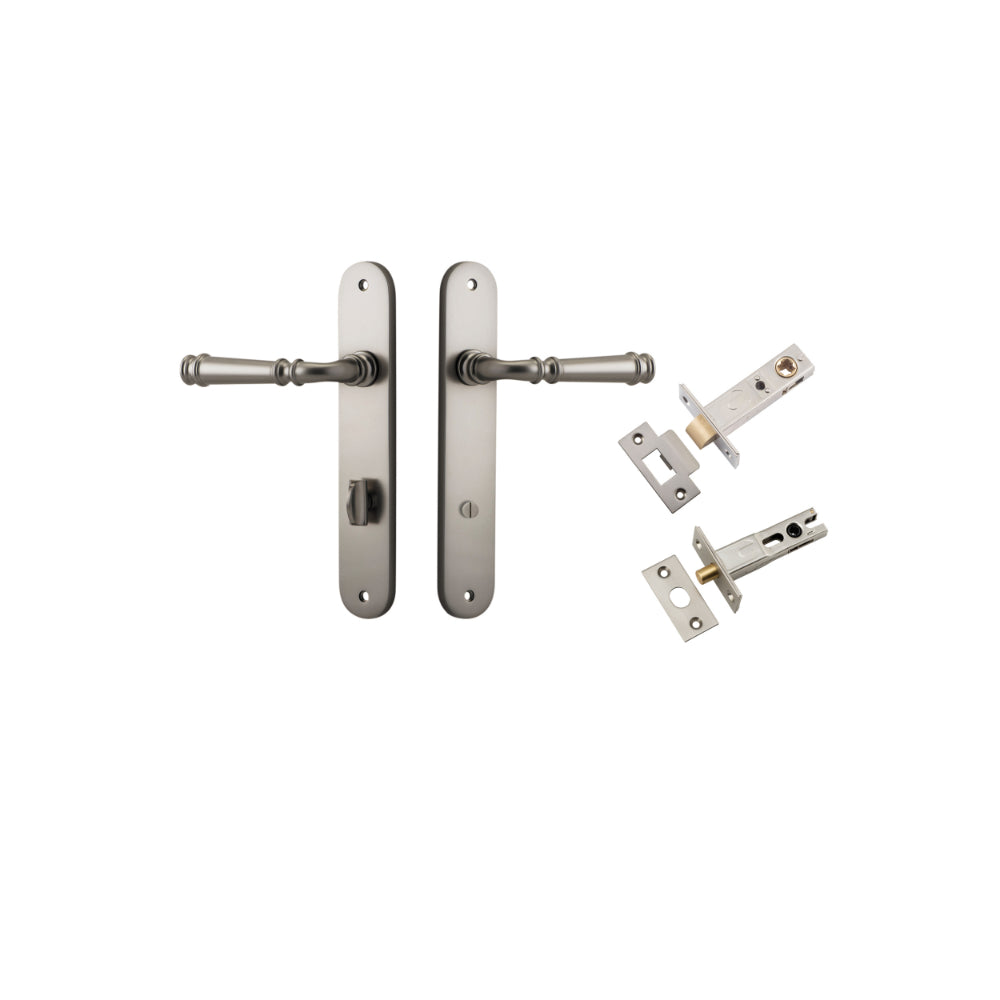 Door Lever Verona Oval Privacy Satin Nickel CTC85mm H240xW40xP59mm Inbuilt Privacy Kit Tube Latch Split Cam 'T' Striker Satin Nickel Backset 60mm, Privacy Bolt Round Bolt Satin Nickel Backset 60mm in Satin Nickel