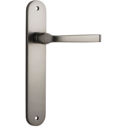Pair of Iver Annecy lever handles on oval backplates, showcasing elegant brushed nickel finish and classic design for doors.