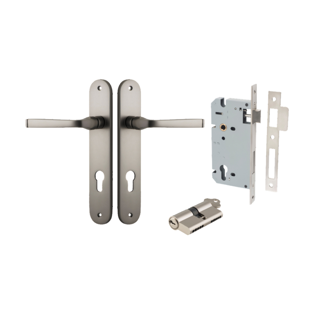 Door Lever Annecy Oval Euro Satin Nickel CTC85mm H240xW40xP62mm Entrance Kit Mortice Lock Euro Satin Nickel CTC85mm Backset 60mm, Euro Cylinder Dual Function 5 Pin Satin Nickel L65mm KA1 in Satin Nickel