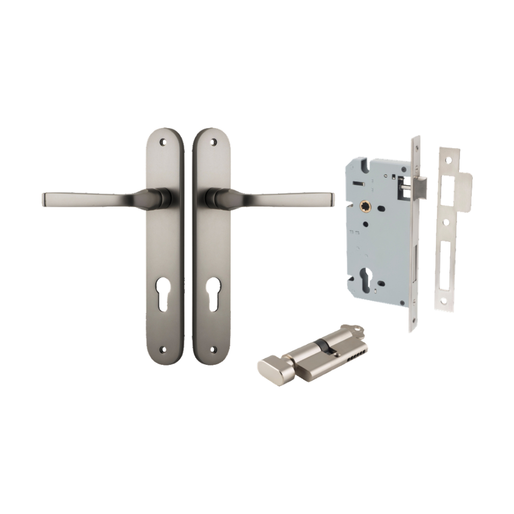 Door Lever Annecy Oval Euro Satin Nickel CTC85mm H240xW40xP62mm Entrance Kit Mortice Lock Euro Satin Nickel CTC85mm Backset 60mm, Euro Cylinder Key Thumb 6 Pin Satin Nickel L70mm KA1 in Satin Nickel
