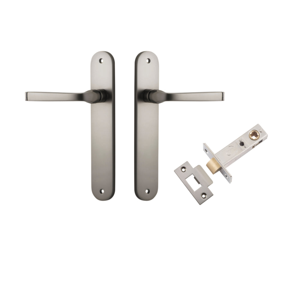 Door Lever Annecy Oval Latch Satin Nickel H240xW40xP62mm Passage Kit Tube Latch Split Cam 'T' Striker Satin Nickel Backset 60mm in Satin Nickel