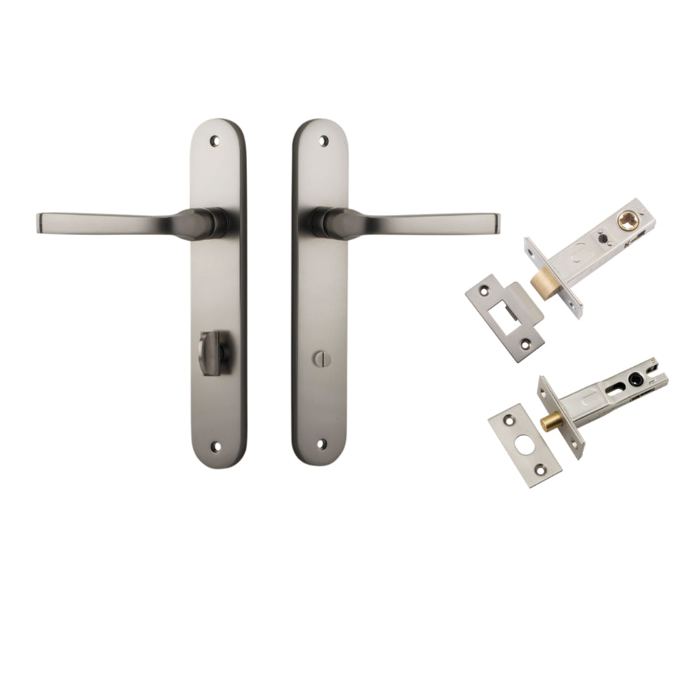 Door Lever Annecy Oval Privacy Satin Nickel CTC85mm H240xW40xP62mm Inbuilt Privacy Kit Tube Latch Split Cam 'T' Striker Satin Nickel Backset 60mm, Privacy Bolt Round Bolt Satin Nickel Backset 60mm in Satin Nickel