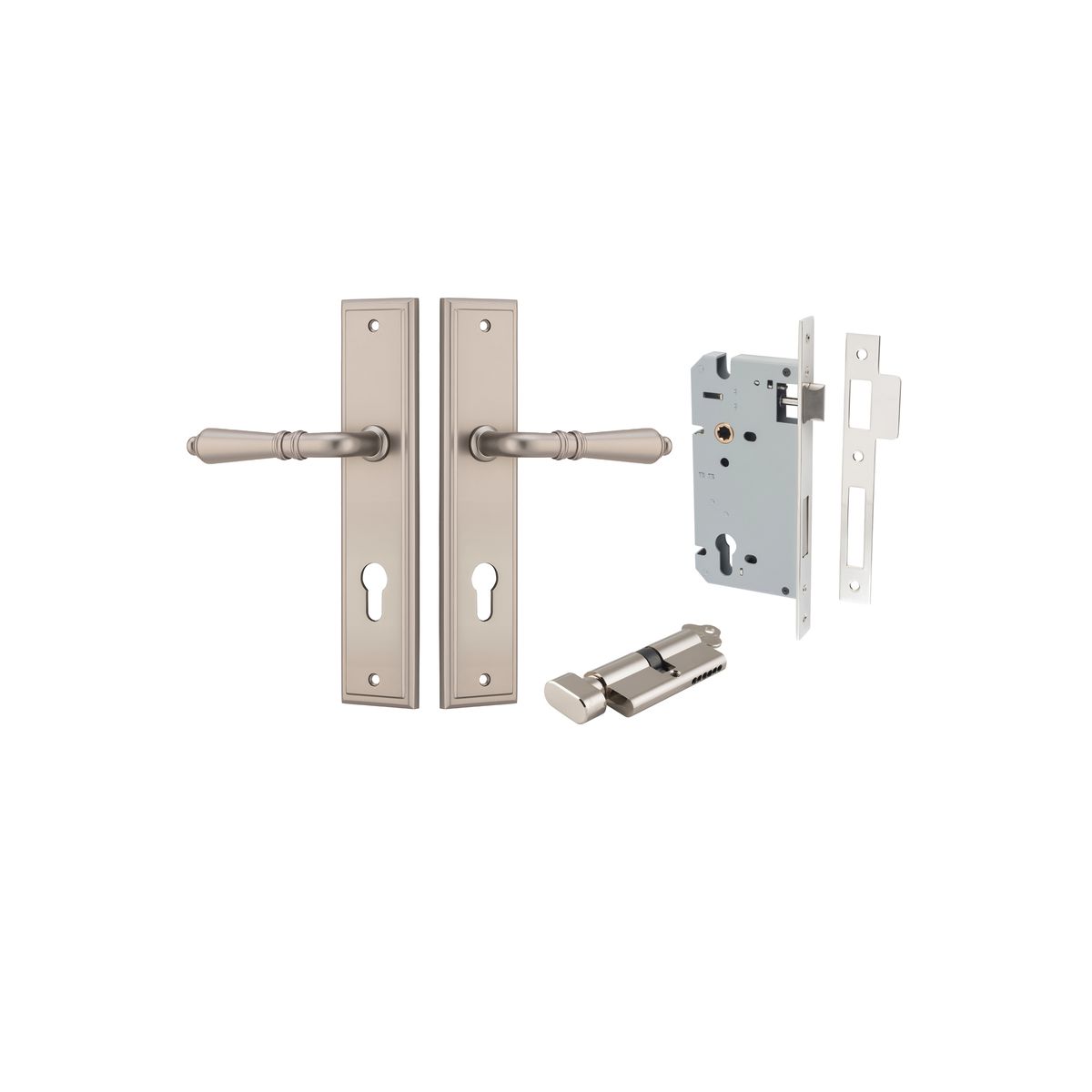 Pair of Iver Sarlat lever door handles on stepped backplates, showcasing elegant brass finish and detailed design.