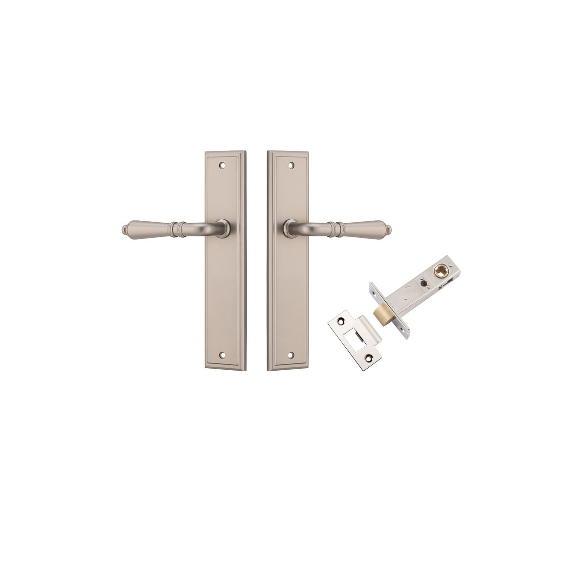 Pair of Iver Sarlat lever handle door hardware on stepped backplate, featuring a sleek, modern design in a polished finish.