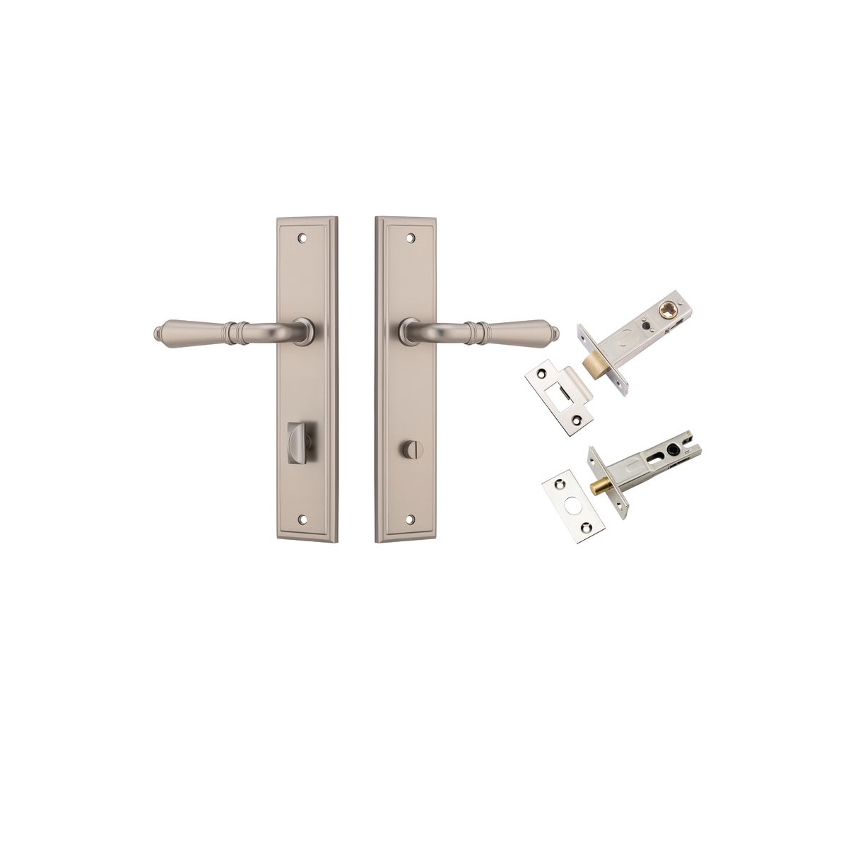 Pair of Iver Sarlat lever handles on stepped backplates, showcasing elegant hardware for doors with a polished finish.