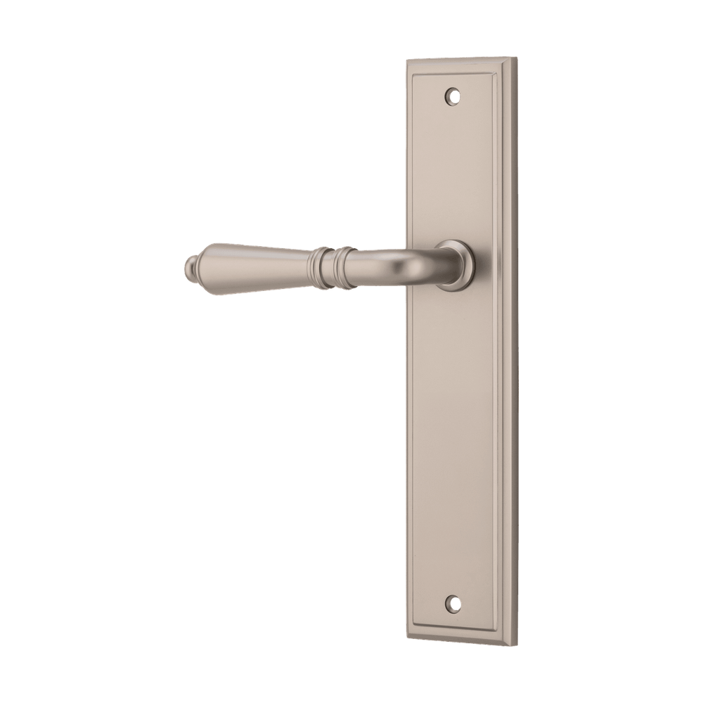 Door Lever Sarlat Stepped Latch Left Hand Fixed Satin Nickel L111xP56mm BPH237xW50mm in Satin Nickel