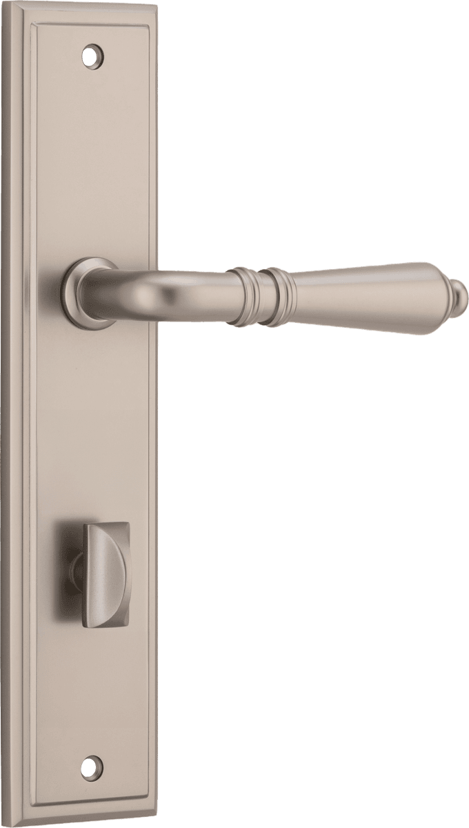 Pair of Iver Sarlat lever handles on stepped backplates, showcasing elegant door hardware with a polished finish.