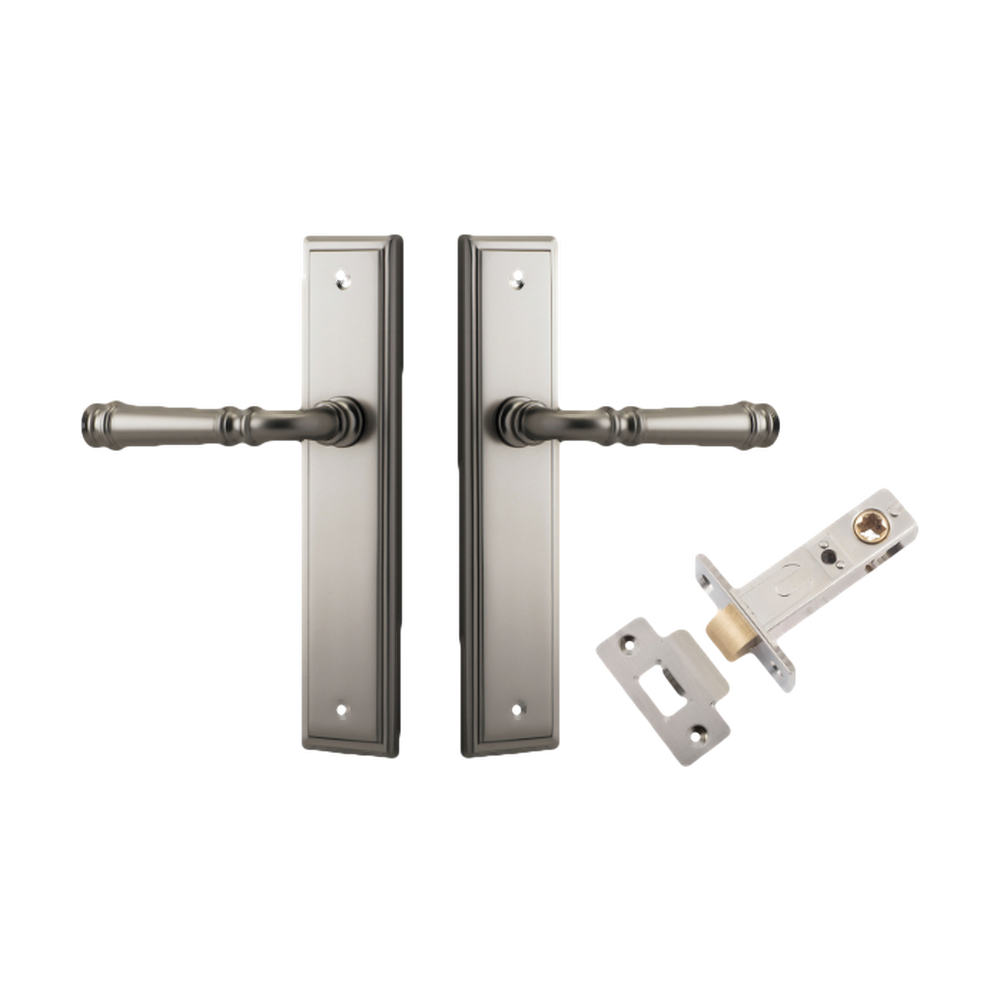 Pair of Iver Verona lever handles on stepped backplates, showcasing elegant architectural hardware with a polished finish.