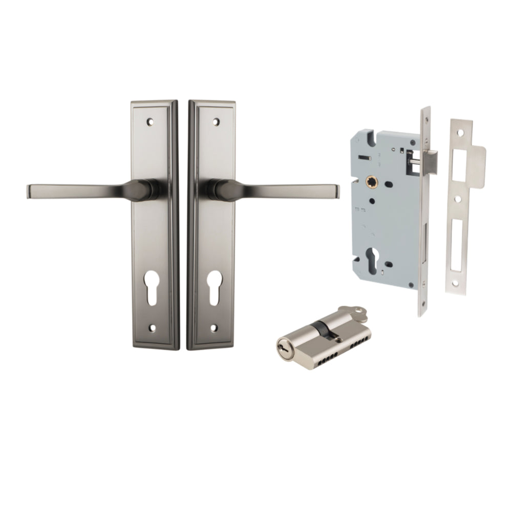 Door Lever Annecy Stepped Euro Satin Nickel CTC85mm H240xW50xP65mm Entrance Kit Mortice Lock Euro Satin Nickel CTC85mm Backset 60mm, Euro Cylinder Dual Function 5 Pin Satin Nickel L65mm KA1 in Satin Nickel