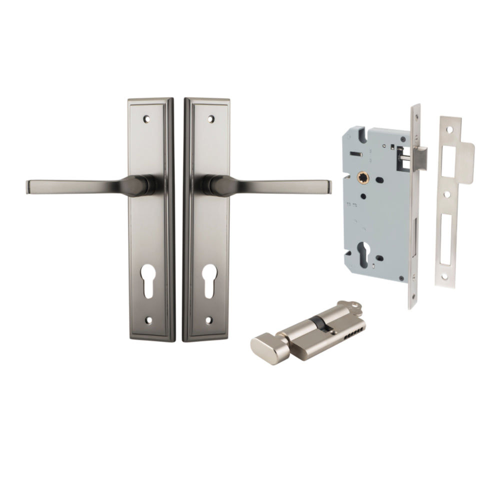 Door Lever Annecy Stepped Euro Satin Nickel CTC85mm H240xW50xP65mm Entrance Kit Mortice Lock Euro Satin Nickel CTC85mm Backset 60mm, Euro Cylinder Key Thumb 6 Pin Satin Nickel L70mm KA1 in Satin Nickel