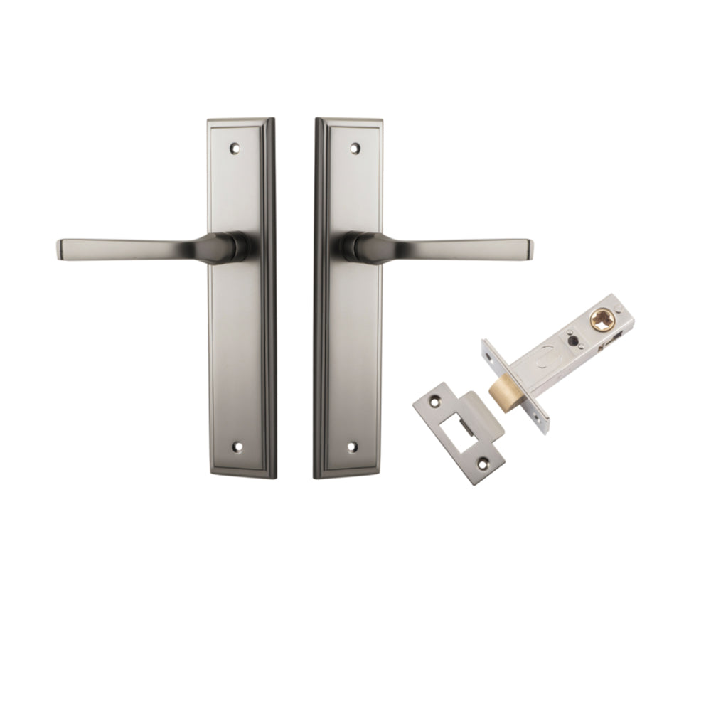 Door Lever Annecy Stepped Latch Satin Nickel H240xW50xP65mm Passage Kit Tube Latch Split Cam 'T' Striker Satin Nickel Backset 60mm in Satin Nickel