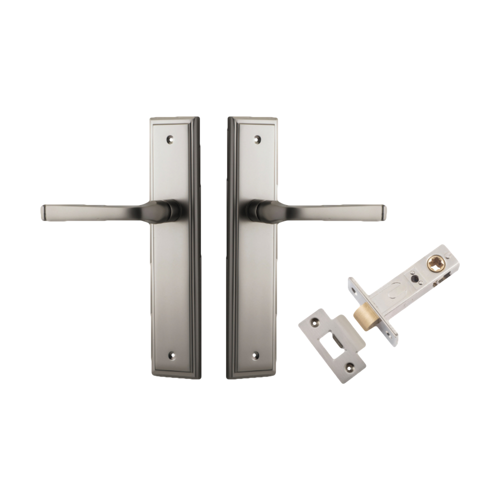 Door Lever Annecy Stepped Latch Satin Nickel H240xW50xP65mm Passage Kit Tube Latch Split Cam 'T' Striker Satin Nickel Backset 60mm in Satin Nickel