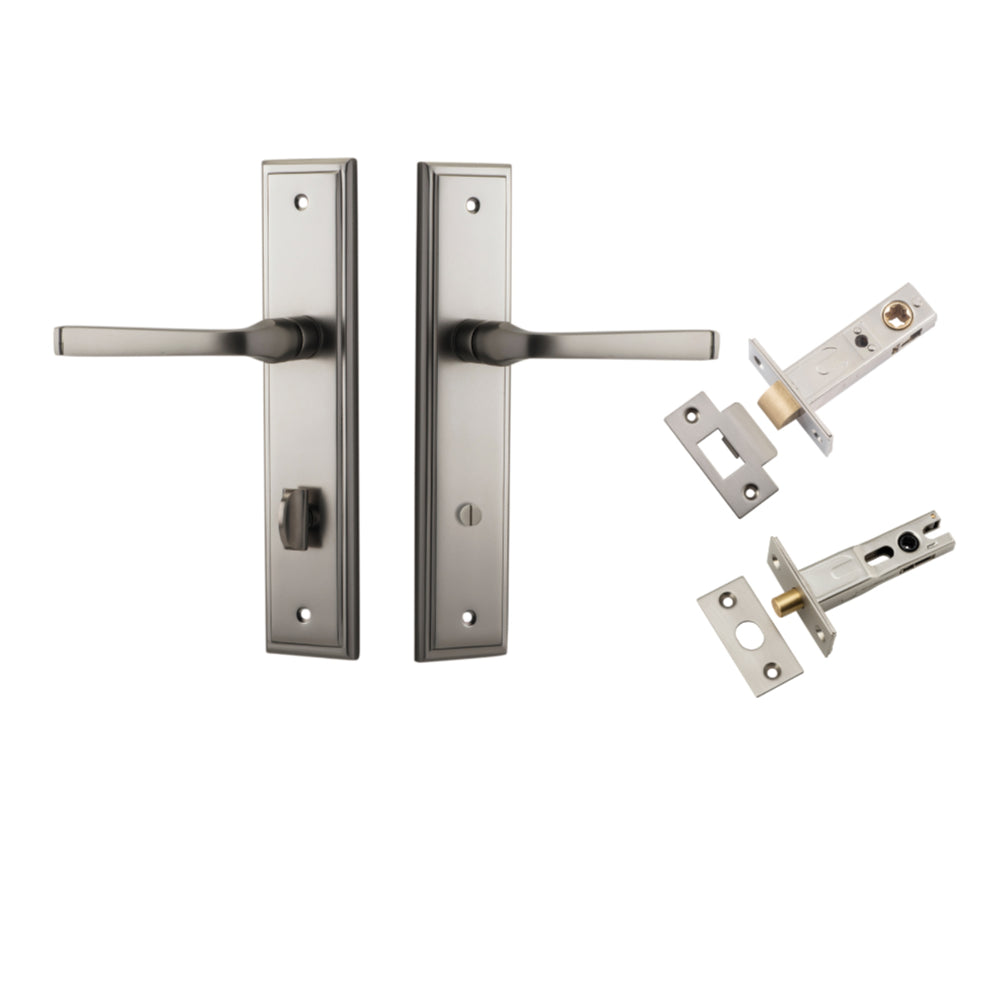 Door Lever Annecy Stepped Privacy Satin Nickel CTC85mm H240xW50xP65mm Inbuilt Privacy Kit Tube Latch Split Cam 'T' Striker Satin Nickel Backset 60mm, Privacy Bolt Round Bolt Satin Nickel Backset 60mm in Satin Nickel