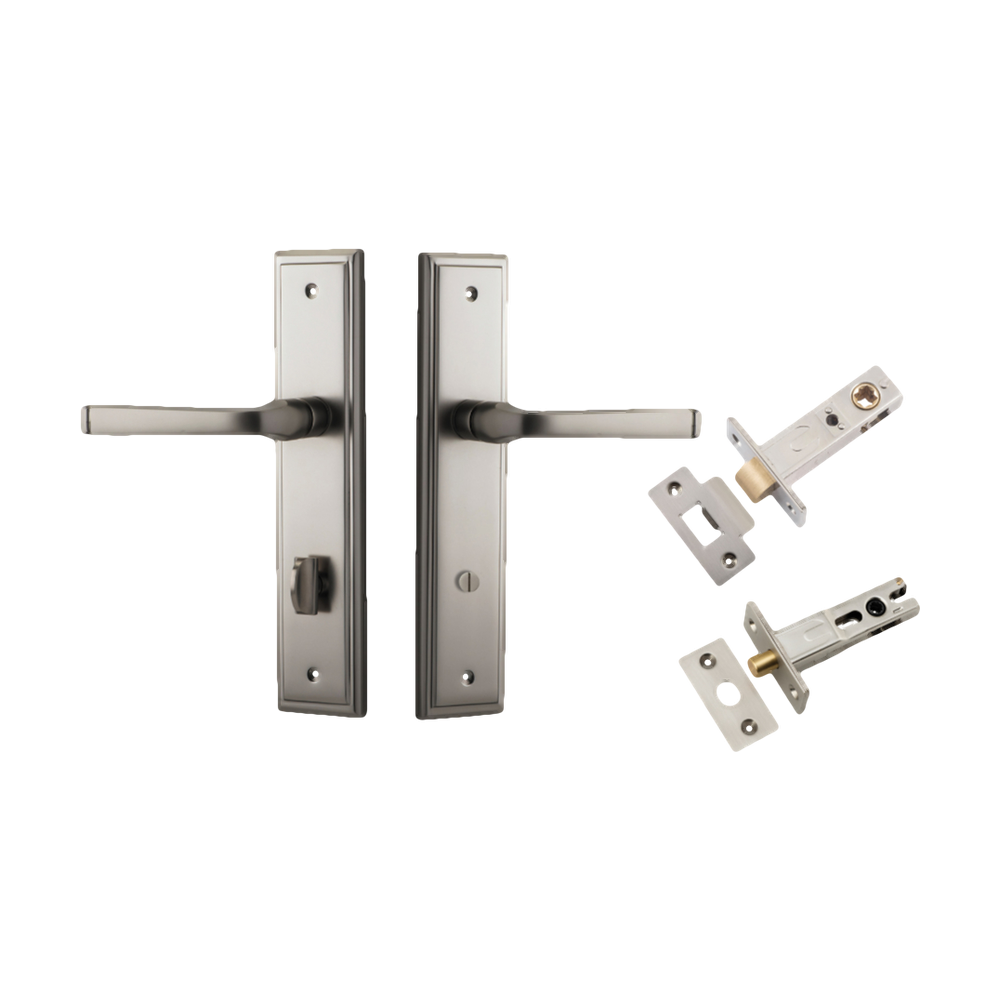Door Lever Annecy Stepped Privacy Satin Nickel CTC85mm H240xW50xP65mm Inbuilt Privacy Kit Tube Latch Split Cam 'T' Striker Satin Nickel Backset 60mm, Privacy Bolt Round Bolt Satin Nickel Backset 60mm in Satin Nickel