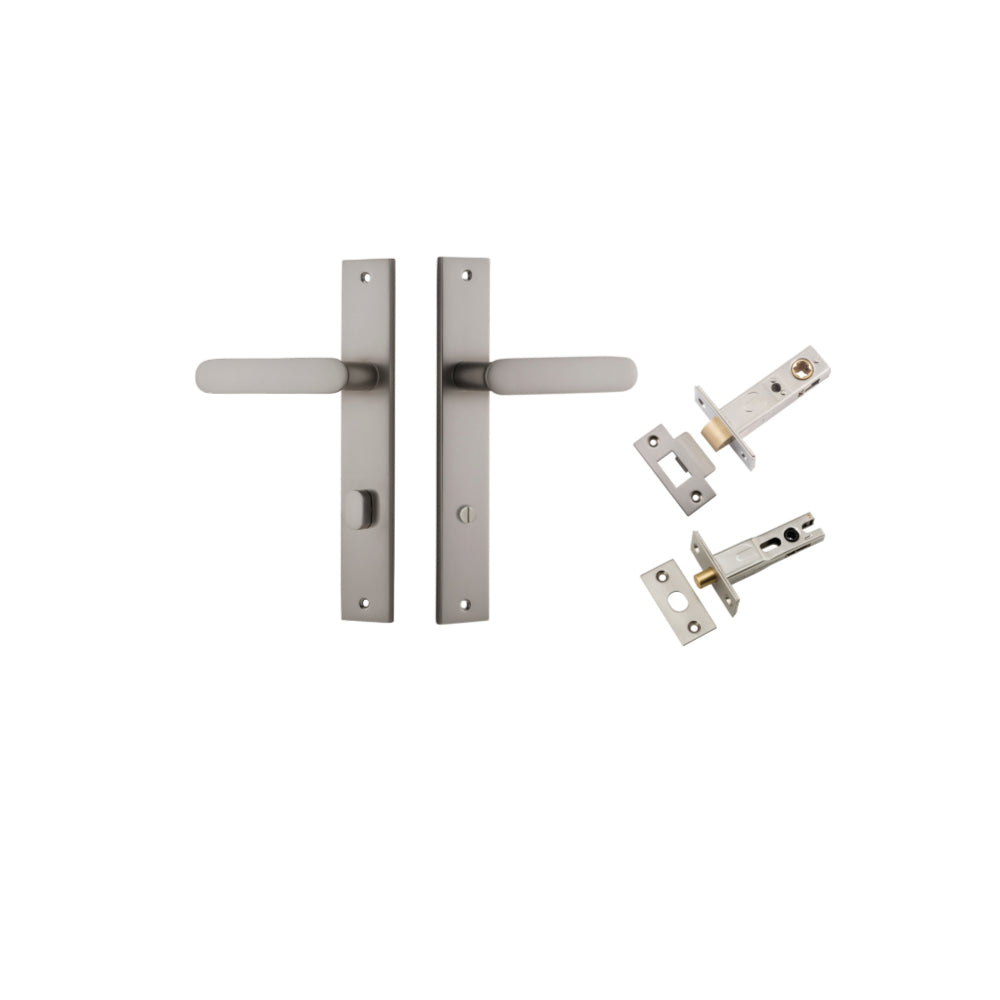 Door Lever Bronte on Long Backplate Privacy Satin Nickel CTC85mm L117xP53mm BPH240xW38mm Privacy Kit Tube Latch Split Cam 'T' Striker Satin Nickel Backset 60mm, Privacy Bolt Round Bolt Satin Nickel Backset 60mm in Satin Nickel