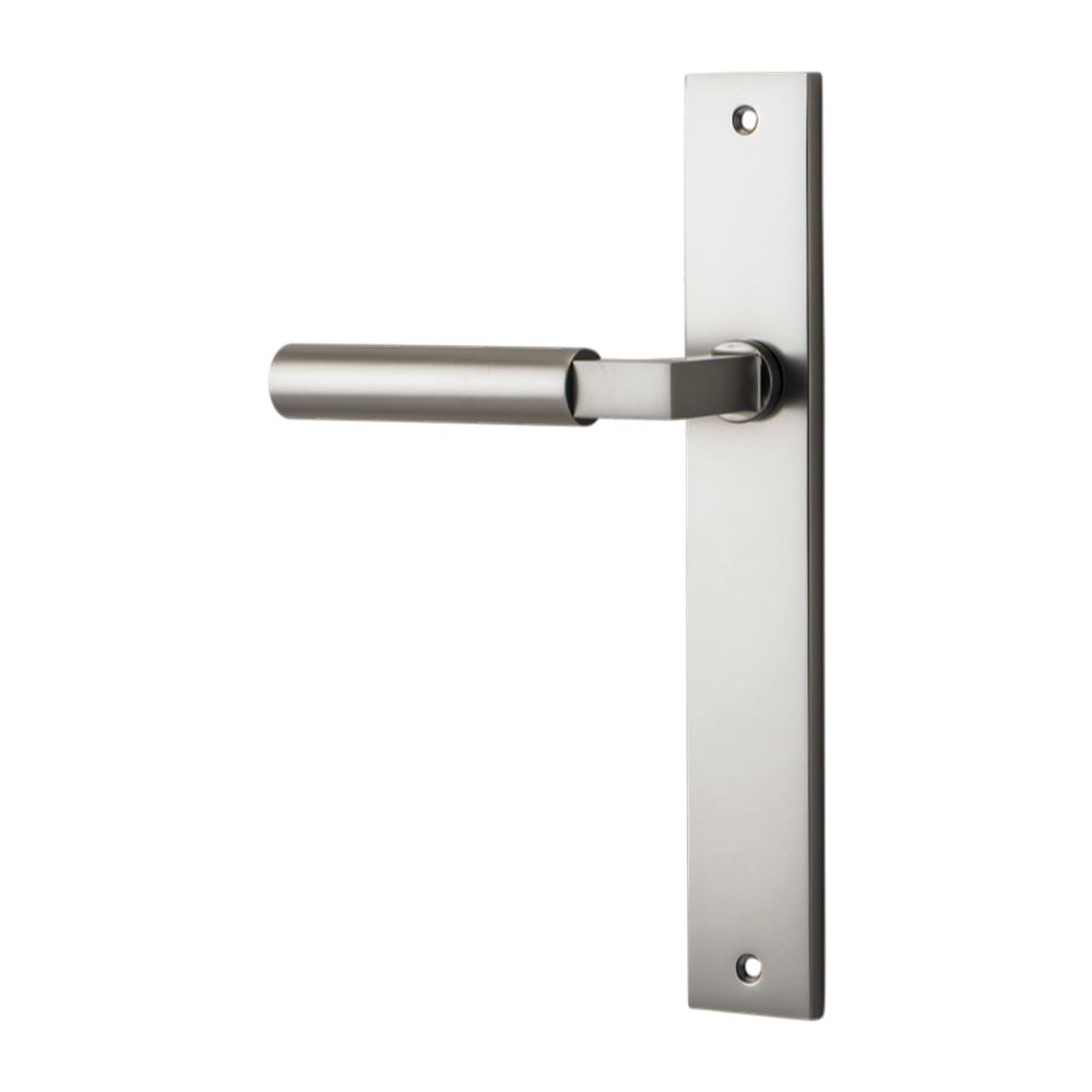 Door Lever Berlin Rectangular Latch Left Hand Fixed Satin Nickel L120xP57mm BPH240xW38mm in Satin Nickel