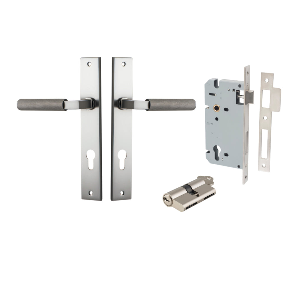 Door Lever Brunswick Rectangular Euro Pair Satin Nickel CTC85mm L120xP57mm BPH240xW38mm, Mortice Lock Euro Satin Nickel CTC85mm Backset 60mm, Euro Cylinder Dual Function 5 Pin Satin Nickel 65mm KA4 in Satin Nickel