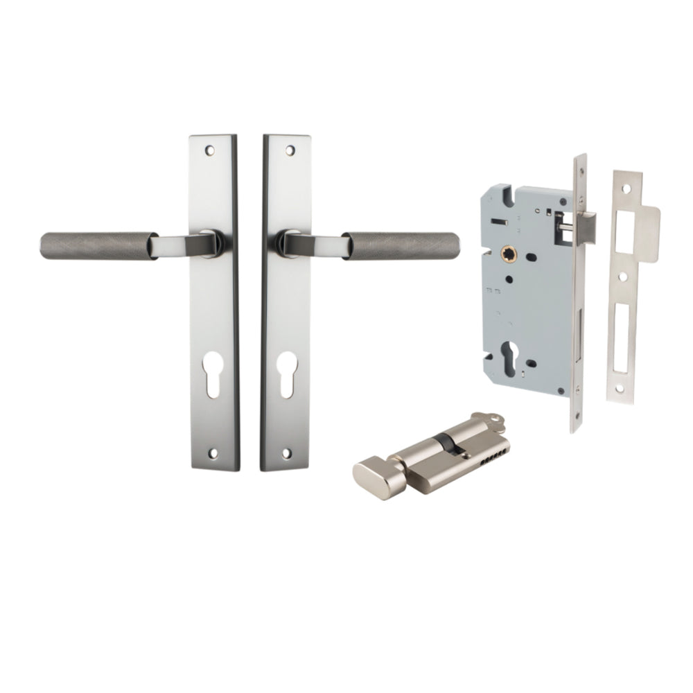 Door Lever Brunswick Rectangular Euro Pair Satin Nickel CTC85mm L120xP57mm BPH240xW38mm, Mortice Lock Euro Satin Nickel CTC85mm Backset 60mm, Euro Cylinder Key Thumb 5 Pin Satin Nickel 65mm KA4 in Satin Nickel