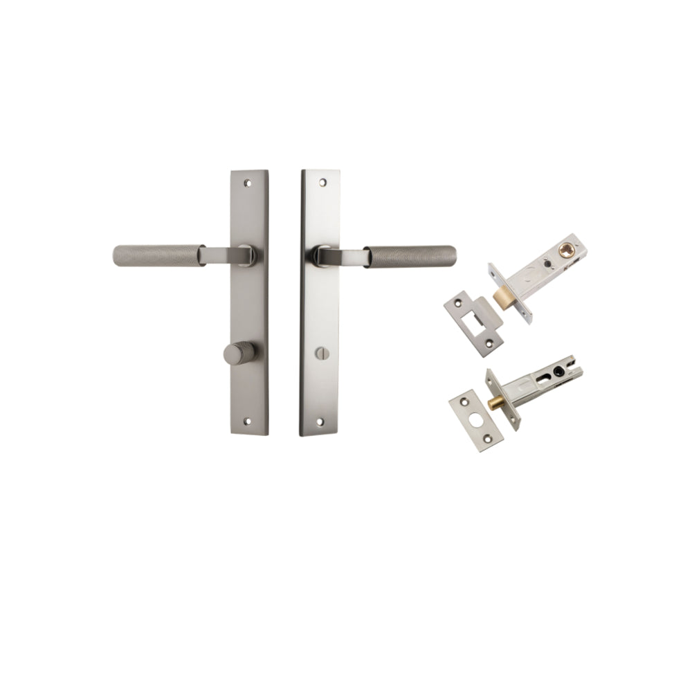 Door Lever Brunswick Rectangular Privacy Satin Nickel CTC85mm L120xP57mm BPH240xW38mm Privacy Kit, Tube Latch Split Cam 'T' Striker Satin Nickel Backset 60mm, Privacy Bolt Round Bolt Satin Nickel Backset 60mm in Satin Nickel