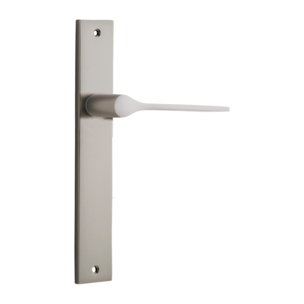 Door Lever Como Rectangular Latch Right Hand Fixed Satin Nickel L119xP59mm BPH240xW38mm in Satin Nickel