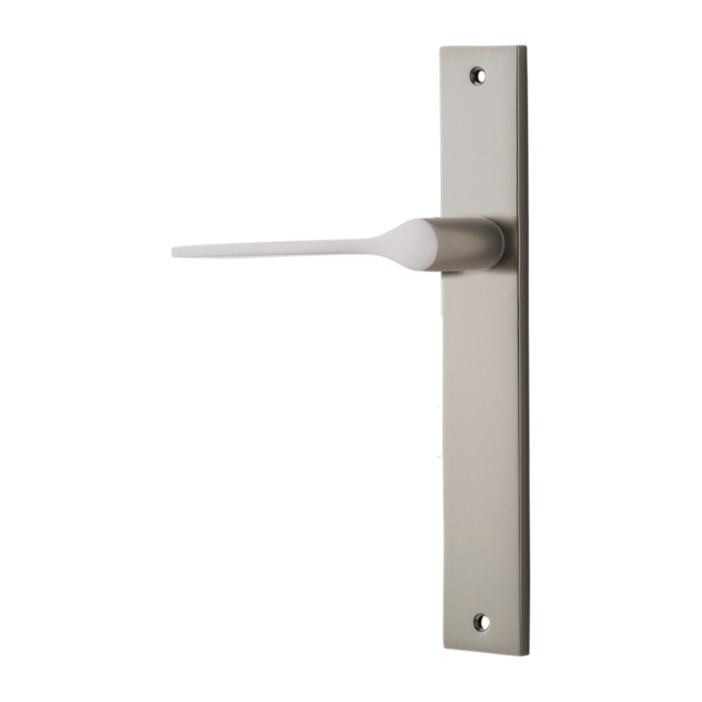 Door Lever Como Rectangular Latch Left Hand Fixed Satin Nickel L119xP59mm BPH240xW38mm in Satin Nickel