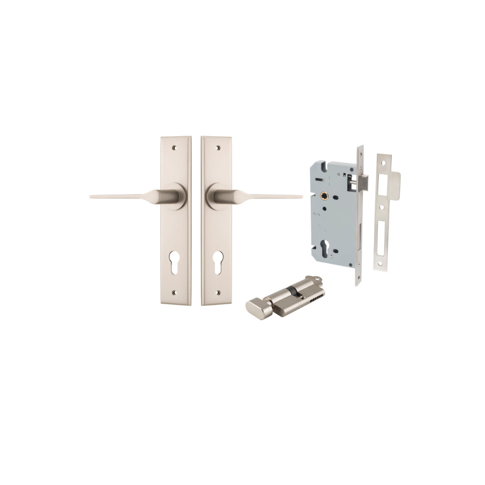 Door Lever Como Chamfered Euro Pair Satin Nickel CTC85mm L119xP61mm BPH240xW50mm Mortice Lock Euro Satin Nickel CTC85mm Backset 60mm, Euro Cylinder Key Thumb 5 Pin Satin Nickel 65mm KA4 in Satin Nickel