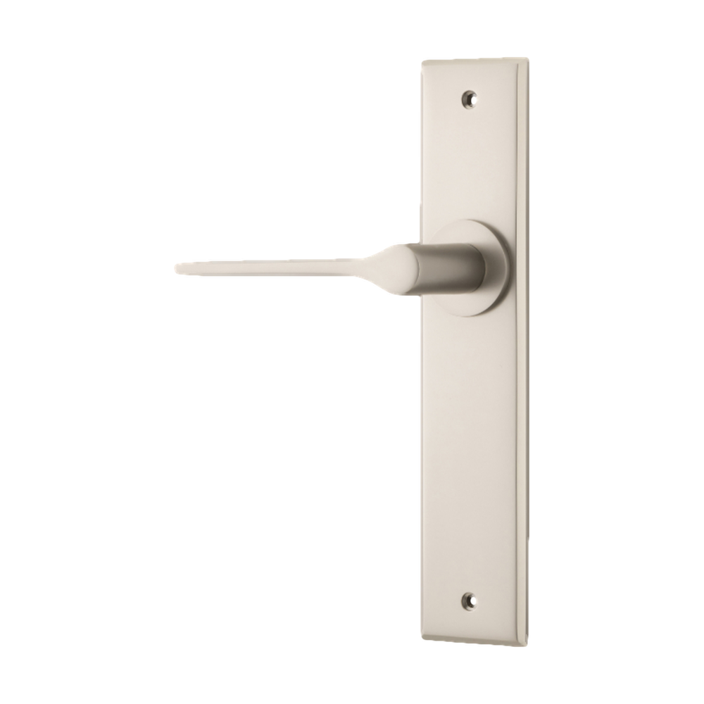 Door Lever Como Chamfered Latch Left Hand Fixed Satin Nickel L119xP61mm BPH240xW50mm in Satin Nickel