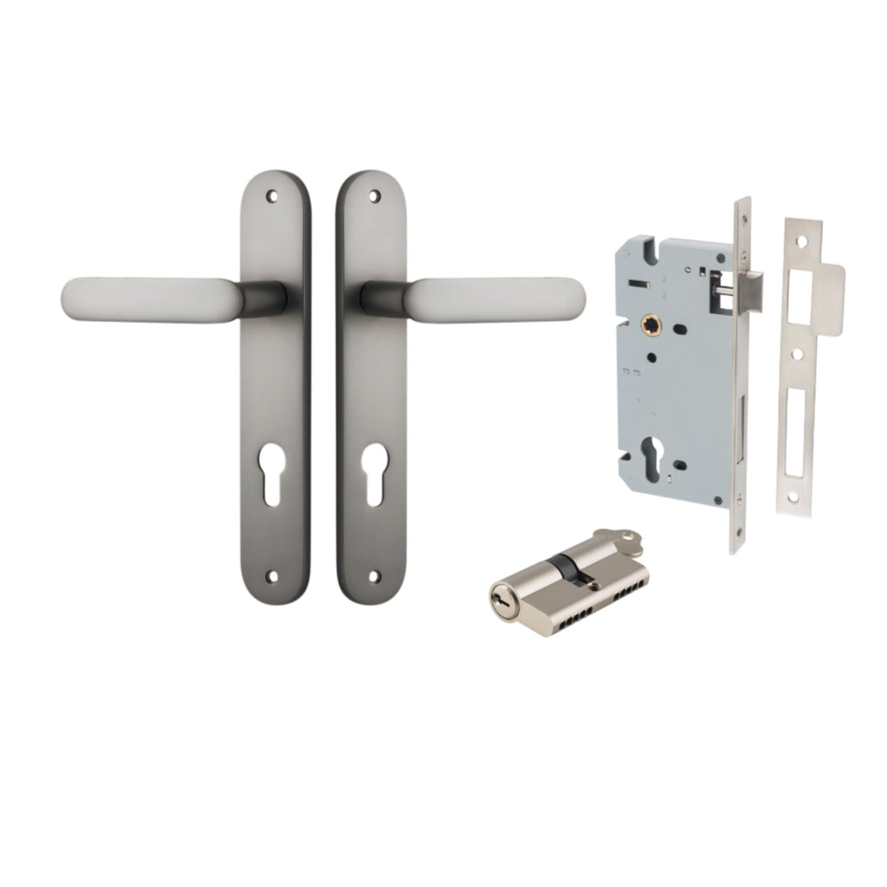Door Lever Bronte Oval Euro Pair Satin Nickel CTC85mm L117xP53mm BPH240xW40mm Mortice Lock Euro Satin Nickel CTC85mm Backset 60mm, Euro Cylinder Dual Function 5 Pin Satin Nickel 65mm KA4 in Satin Nickel