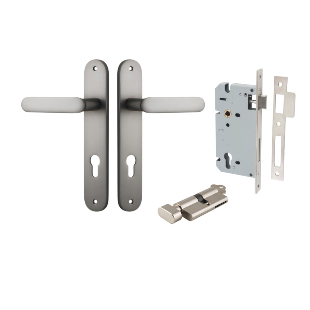Door Lever Bronte Oval Euro Pair Satin Nickel CTC85mm L117xP53mm BPH240xW40mm Mortice Lock Euro Satin Nickel CTC85mm Backset 60mm, Euro Cylinder Key Thumb 5 Pin Satin Nickel 65mm KA4 in Satin Nickel