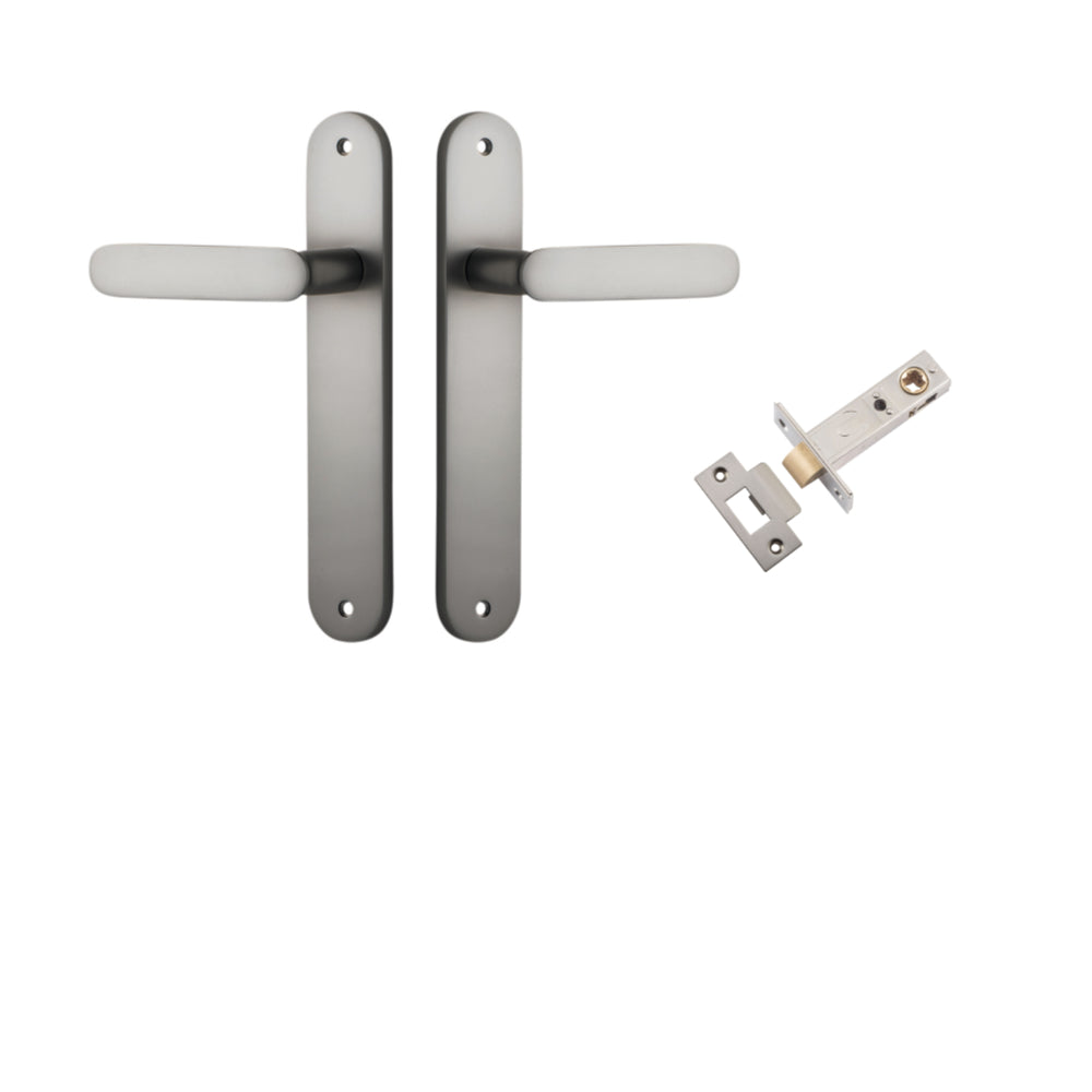 Door Lever Bronte Oval Satin Nickel L117xP53mm BPH240xW40mm Passage Kit Tube Latch Split Cam 'T' Striker Satin Nickel Backset 60mm in Satin Nickel