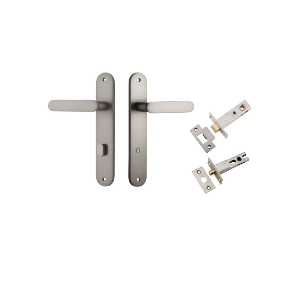 Door Lever Bronte Oval Privacy Satin Nickel CTC85mm L117xP53mm BPH240xW40mm Privacy Kit Tube Latch Split Cam 'T' Striker Satin Nickel Backset 60mm, Privacy Bolt Round Bolt Satin Nickel Backset 60mm in Satin Nickel