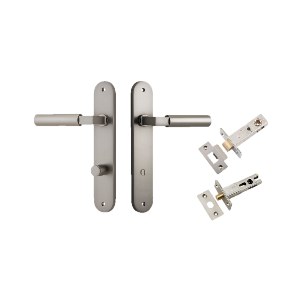 Door Lever Berlin Oval Privacy Satin Nickel CTC85mm L120xP57mm BPH240xW40mm Privacy Kit Tube Latch Split Cam 'T' Striker Satin Nickel Backset 60mm Privacy Bolt Round Bolt Satin Nickel Backset 60mm in Satin Nickel