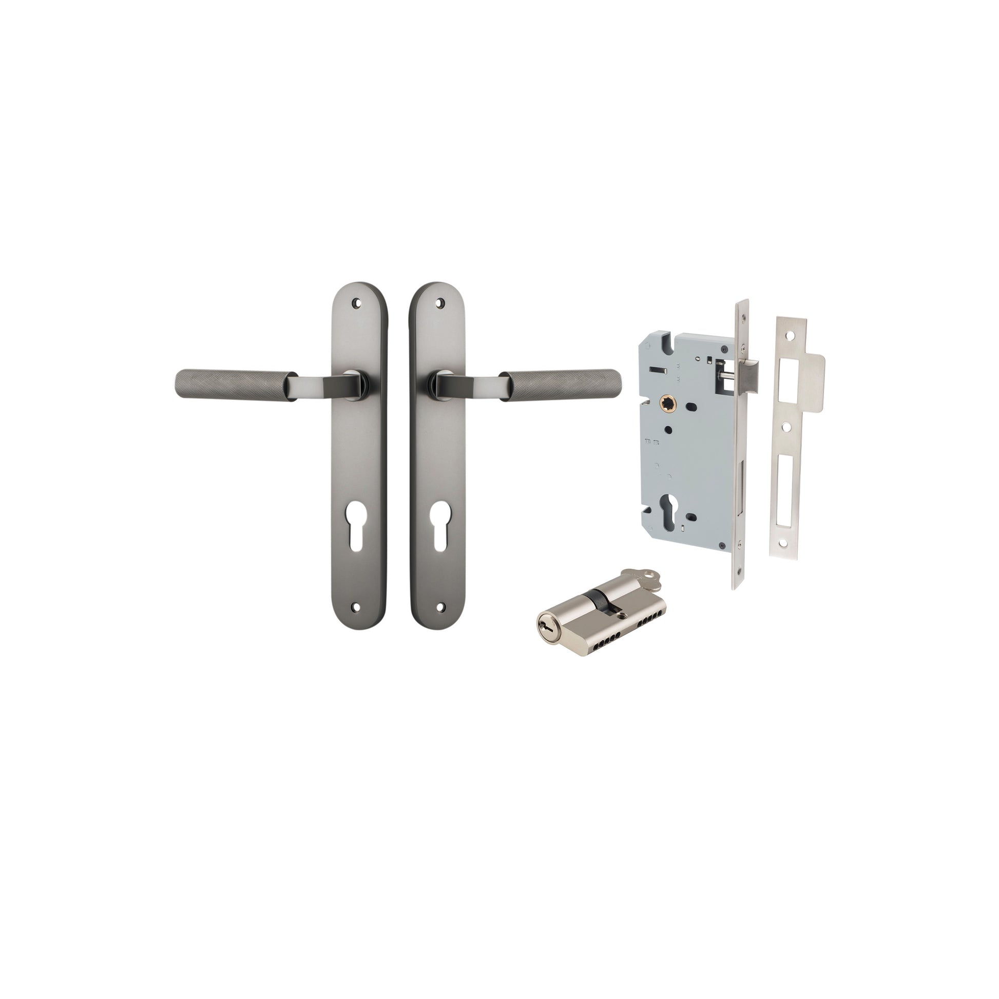Door Lever Brunswick Oval Euro Pair Satin Nickel CTC85mm L120xP57mm BPH240xW40mm Mortice Lock Euro Satin Nickel CTC85mm Backset 60mm, Euro Cylinder Dual Function 5 Pin Satin Nickel 65mm KA4 in Satin Nickel
