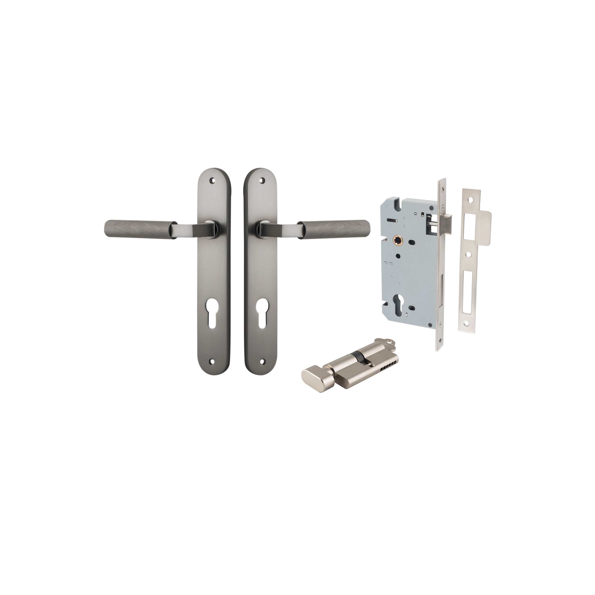 Door Lever Brunswick Oval Euro Pair Satin Nickel CTC85mm L120xP57mm BPH240xW40mm Mortice Lock Euro Satin Nickel CTC85mm Backset 60mm, Euro Cylinder Key Thumb 5 Pin Satin Nickel 65mm KA4 in Satin Nickel