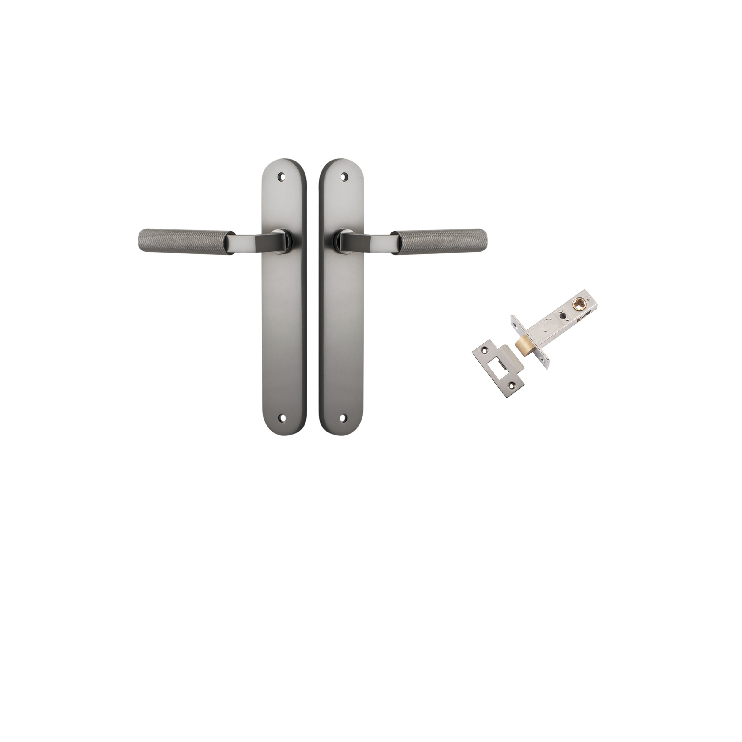 Door Lever Brunswick Knurled Oval Satin Nickel L120xP57mm BPH240xW40mm Passage Kit Tube Latch Split Cam 'T' Striker Satin Nickel Backset 60mm in Satin Nickel