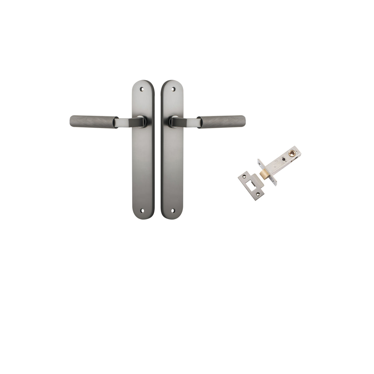 Pair of Iver Brunswick lever door handles on oval backplates, architectural hardware in a polished finish, designed for interior doors.