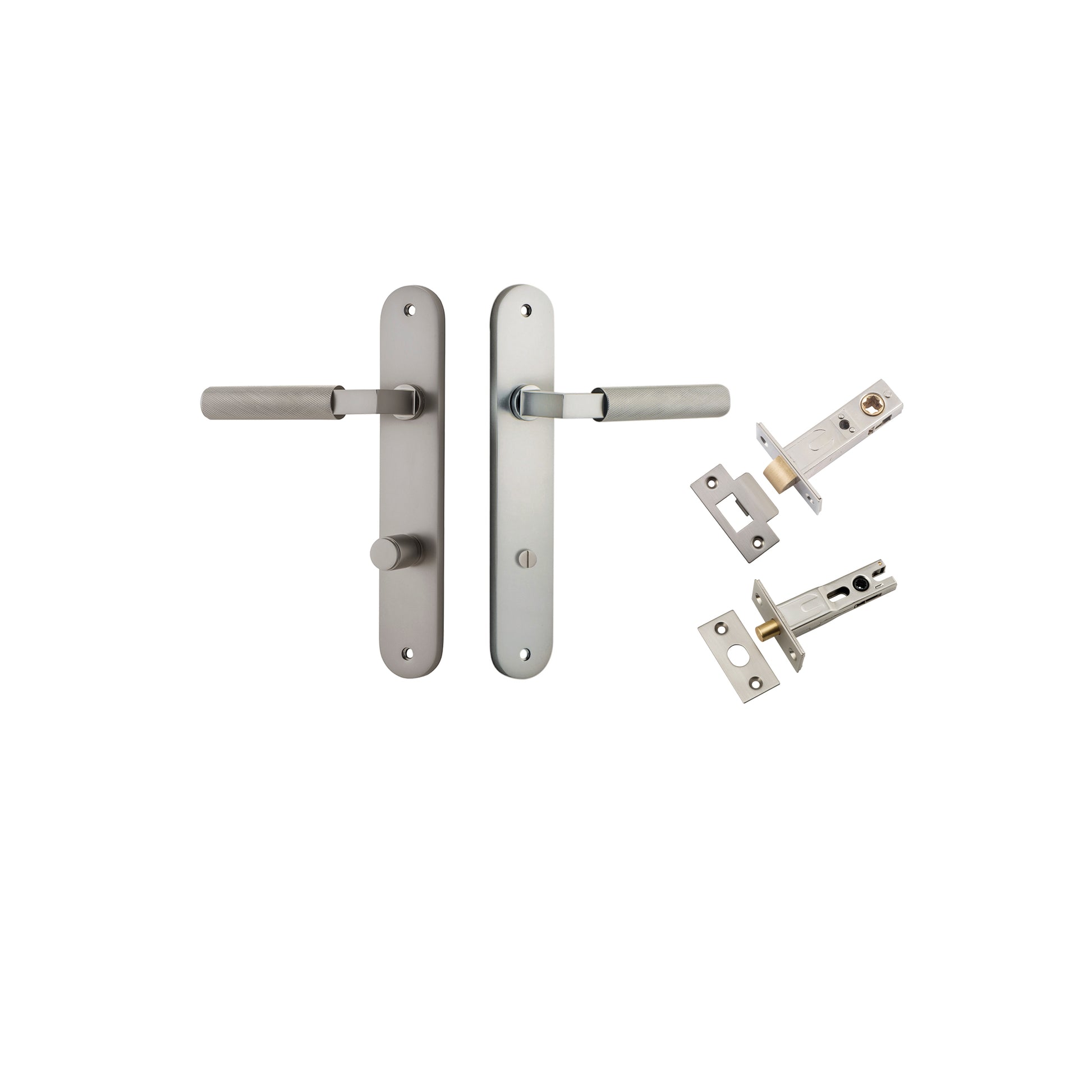 Door Lever Brunswick Oval Privacy Satin Nickel CTC85mm L120xP57mm BPH240xW40mm Privacy Kit Tube Latch Split Cam 'T' Striker Satin Nickel Backset 60mm, Privacy Bolt Round Bolt Satin Nickel Backset 60mm in Satin Nickel