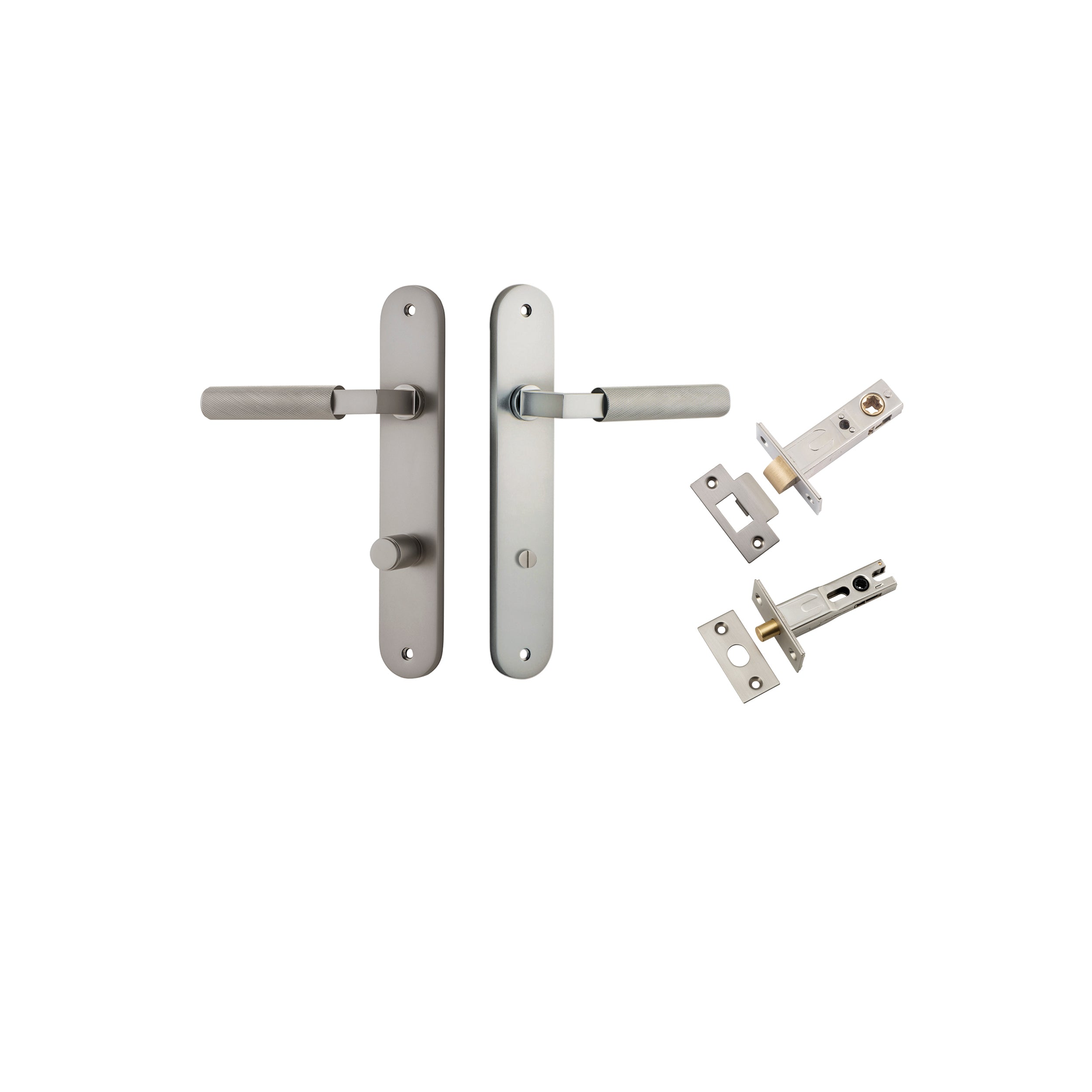 Door Lever Brunswick Oval Privacy Satin Nickel CTC85mm L120xP57mm BPH240xW40mm Privacy Kit Tube Latch Split Cam 'T' Striker Satin Nickel Backset 60mm, Privacy Bolt Round Bolt Satin Nickel Backset 60mm in Satin Nickel