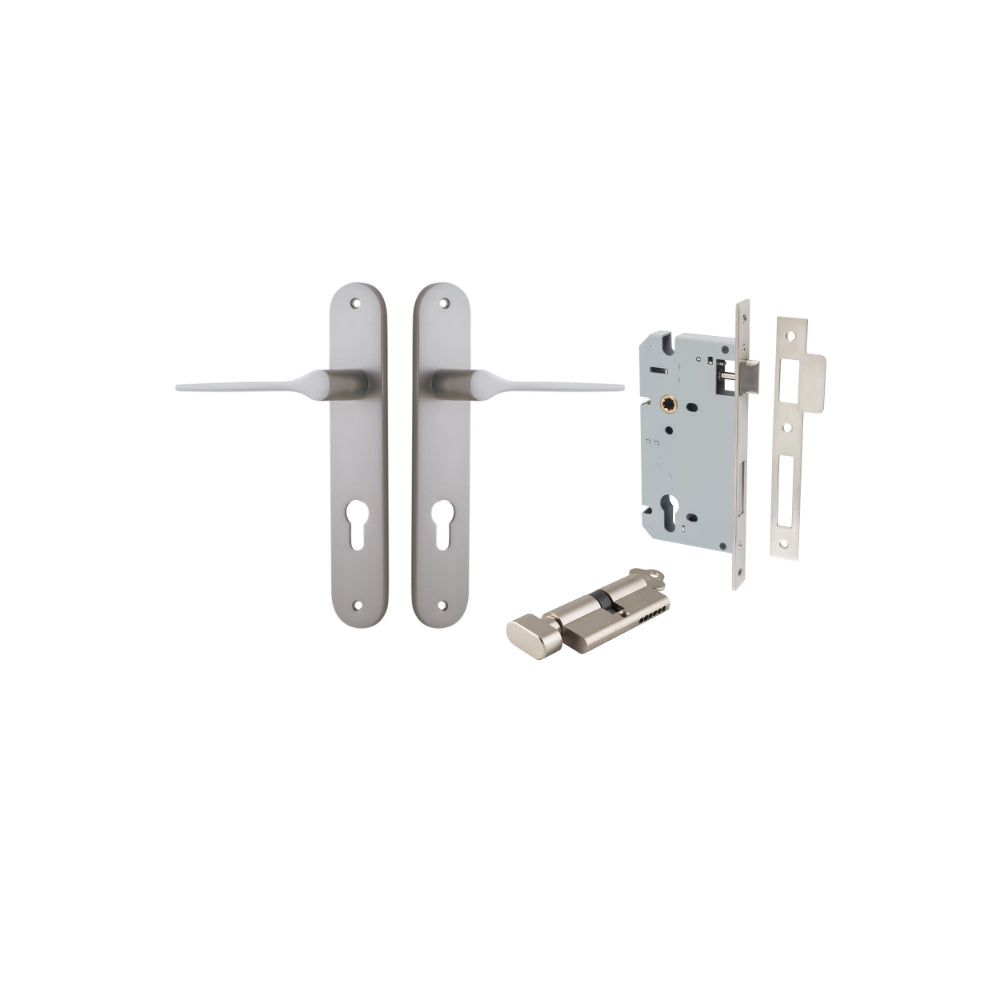 Door Lever Como Oval Euro Pair Satin Nickel CTC85mm L119xP59mm BPH240xW40mm Mortice Lock Euro Satin Nickel CTC85mm Backset 60mm, Euro Cylinder Key Thumb 5 Pin Satin Nickel 65mm KA4 in Satin Nickel
