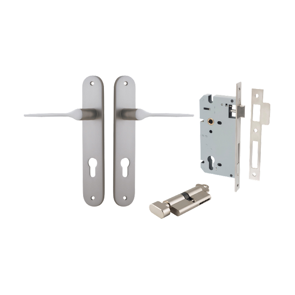 Door Lever Como Oval Euro Pair Satin Nickel CTC85mm L119xP59mm BPH240xW40mm Mortice Lock Euro Satin Nickel CTC85mm Backset 60mm, Euro Cylinder Key Thumb 5 Pin Satin Nickel 65mm KA4 in Satin Nickel