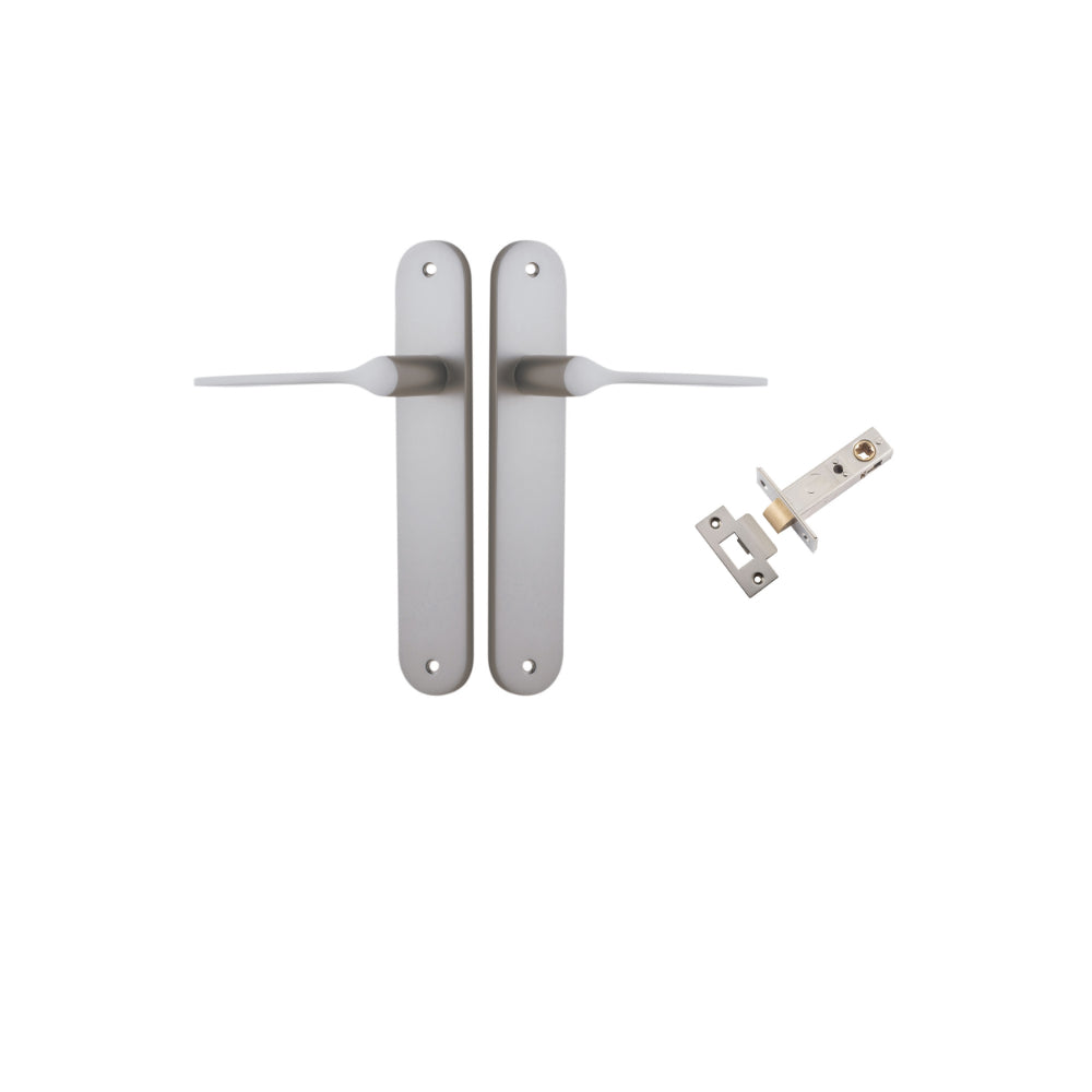 Door Lever Como Oval Satin Nickel L119xP59mm BPH240xW40mm Passage Kit Tube Latch Split Cam 'T' Striker Satin Nickel Backset 60mm in Satin Nickel