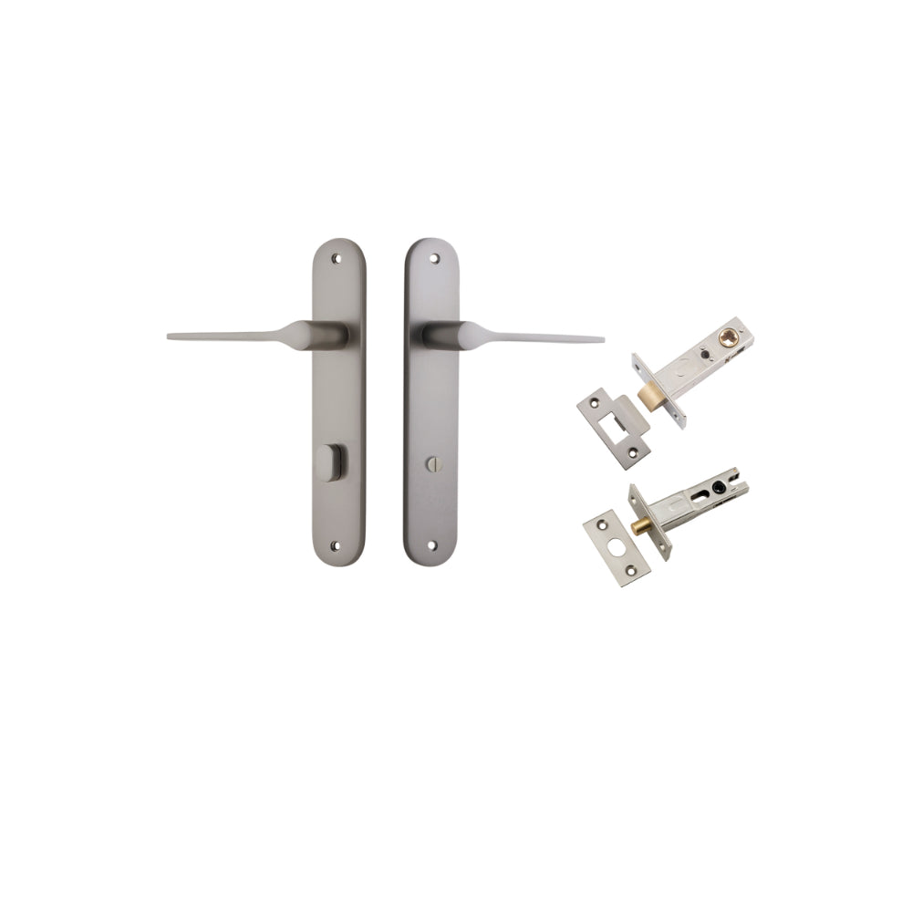 Door Lever Como Oval Privacy Satin Nickel CTC85mm L119xP59mm BPH240xW40mm Privacy Kit Tube Latch Split Cam 'T' Striker Satin Nickel Backset 60mm, Privacy Bolt Round Bolt Satin Nickel Backset 60mm in Satin Nickel