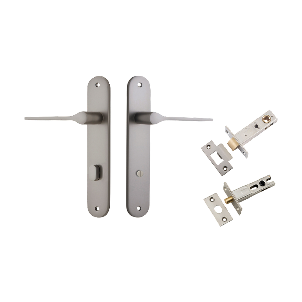 Door Lever Como Oval Privacy Satin Nickel CTC85mm L119xP59mm BPH240xW40mm Privacy Kit Tube Latch Split Cam 'T' Striker Satin Nickel Backset 60mm, Privacy Bolt Round Bolt Satin Nickel Backset 60mm in Satin Nickel