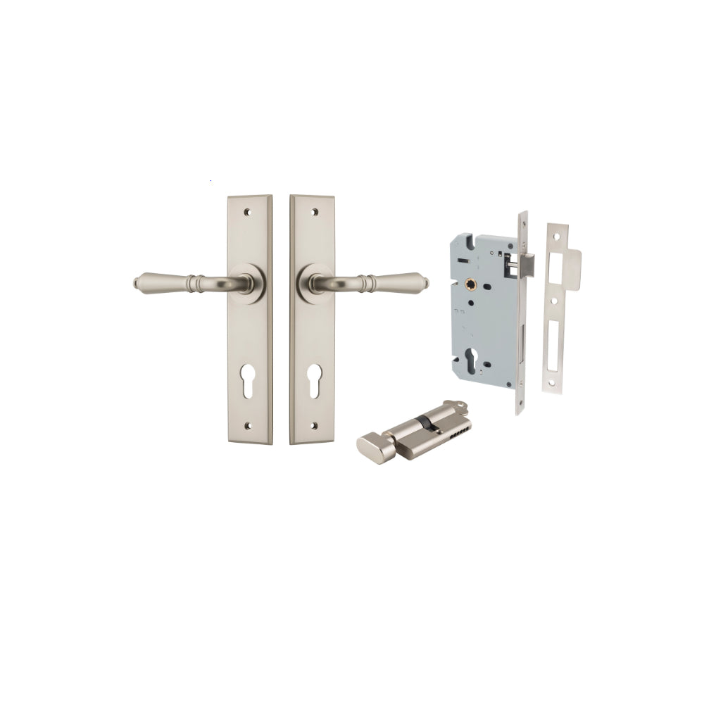 Door Lever Sarlat Chamfered Euro Pair Satin Nickel CTC85mm L111xP55mm BPH240xW50mm Mortice Lock Euro Satin Nickel CTC85mm Backset 60mm, Euro Cylinder Key Thumb 5 Pin Satin Nickel 65mm KA4 in Satin Nickel
