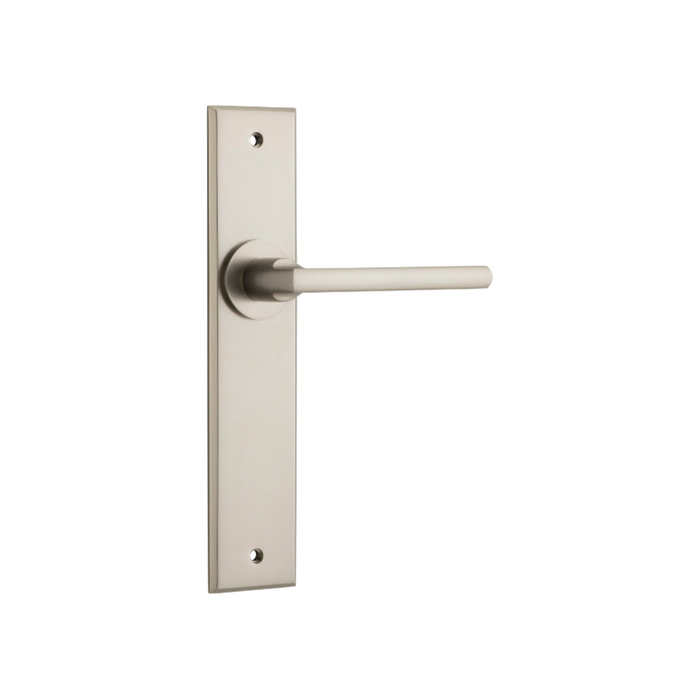 Door Lever Baltimore Chamfered Latch Satin Nickel H240xW50xP55mm in Satin Nickel