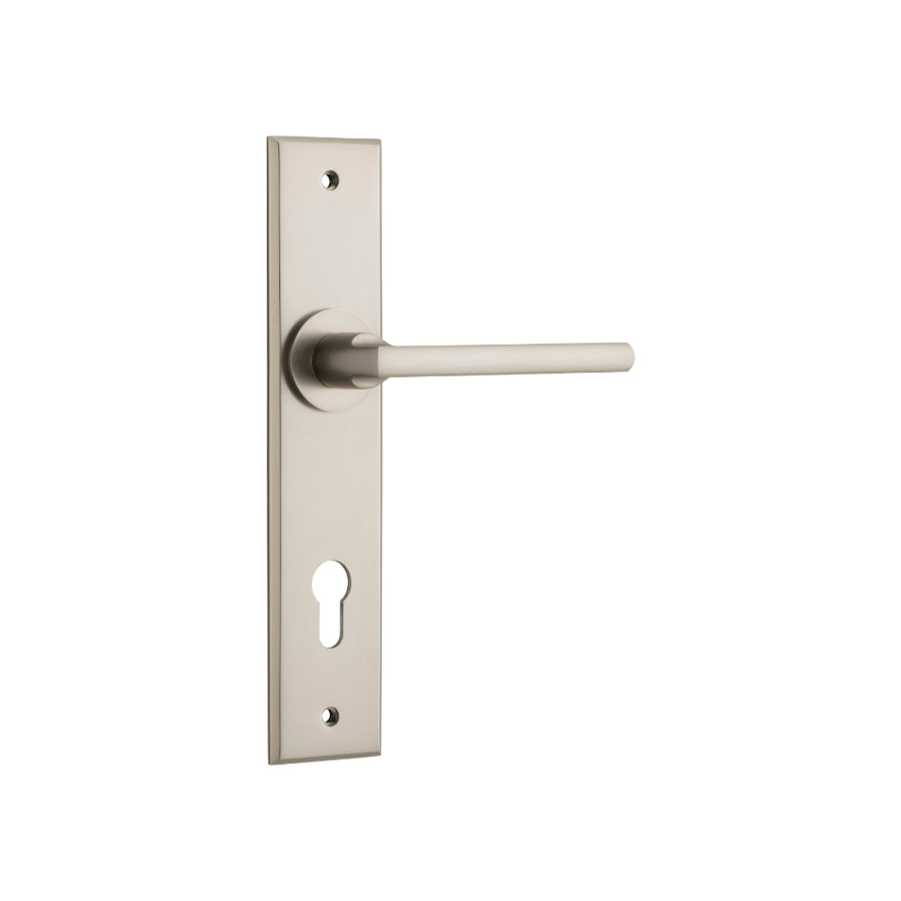 Door Lever Baltimore Chamfered Euro Satin Nickel H240xW50xP55mm in Satin Nickel