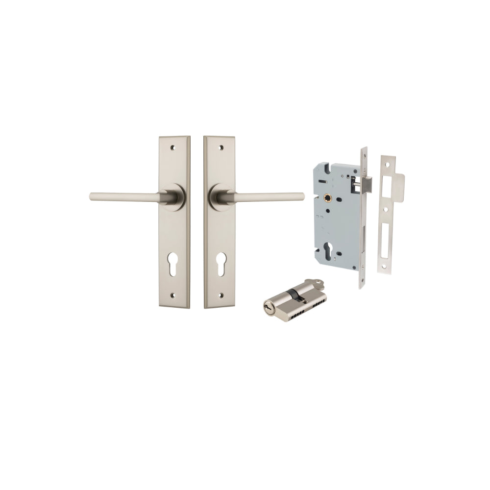 Door Lever Baltimore Chamfered Euro Pair Satin Nickel CTC85mm L118xP56mm BPH240xW50mm Mortice Lock Euro Satin Nickel CTC85mm Backset 60mm, Euro Cylinder Dual Function 5 Pin Satin Nickel 65mm KA4 in Satin Nickel