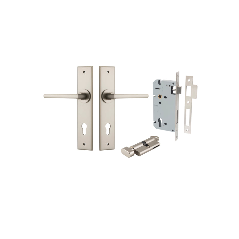 Door Lever Baltimore Chamfered Euro Pair Satin Nickel CTC85mm L118xP56mm BPH240xW50mm Mortice Lock Euro Satin Nickel CTC85mm Backset 60mm, Euro Cylinder Key Thumb 5 Pin Satin Nickel 65mm KA4 in Satin Nickel