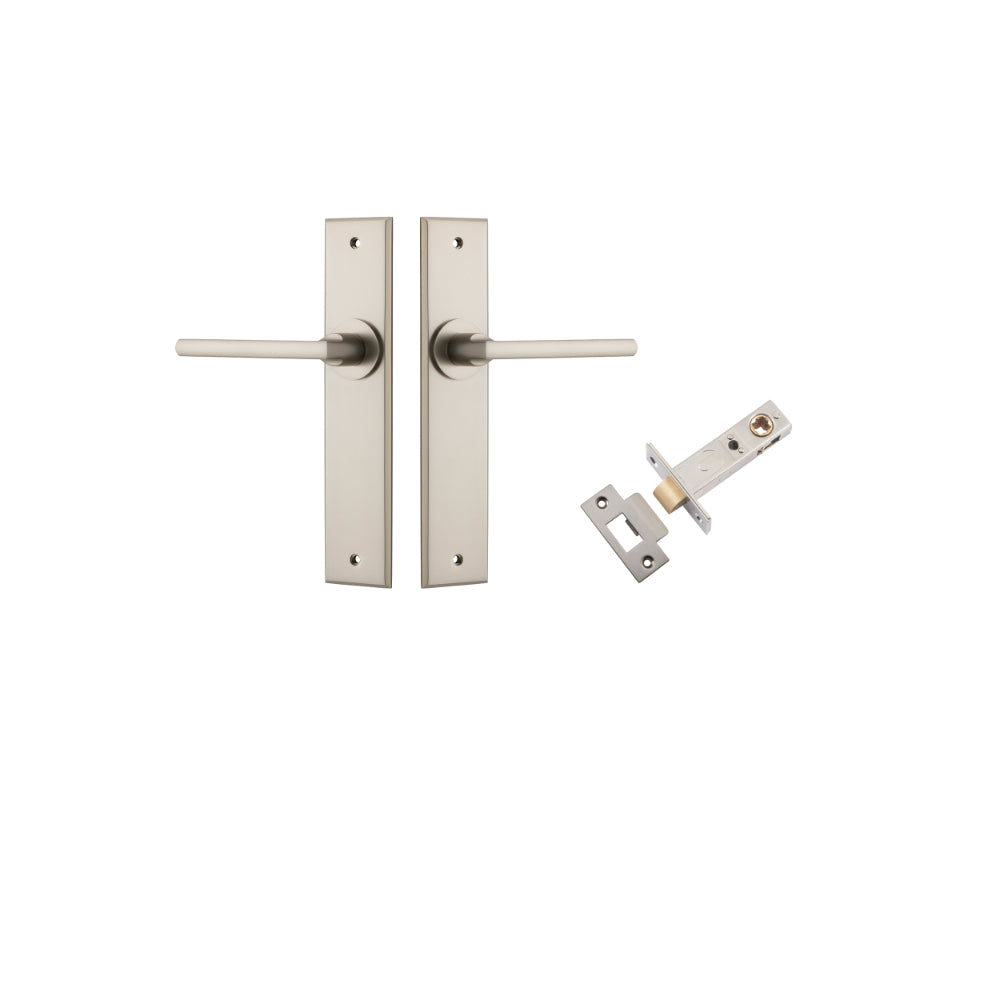 Door Lever Baltimore Chamfered Satin Nickel L118xP56mm BPH240xW50mm Passage Kit Tube Latch Split Cam 'T' Striker Satin Nickel Backset 60mm in Satin Nickel